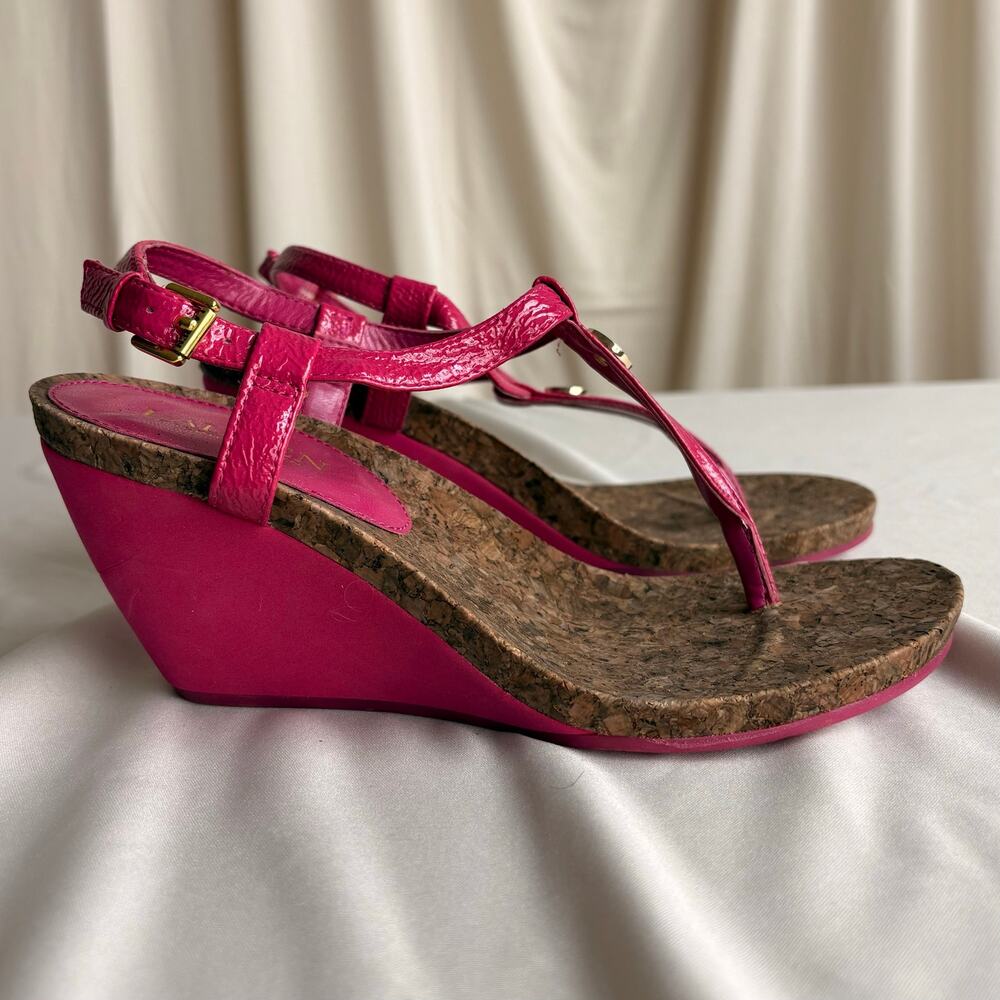 Ralph Lauren Hot Pink Patent Wedge Sandals - Strappy, Gold Buckle, NWT, Size 7.5